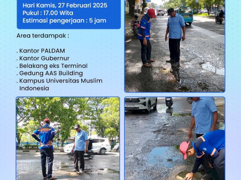 Manajemen Perumda Air Minum Kota Makassar menangani kebocoran pipa PVC diameter 100mm yang berlokasi di Jl Urip Sumoharjo, depan Mako Peralatan Kodam XIV Hasanuddin (Paldam), Karampuang, Makassar, kemarin. 