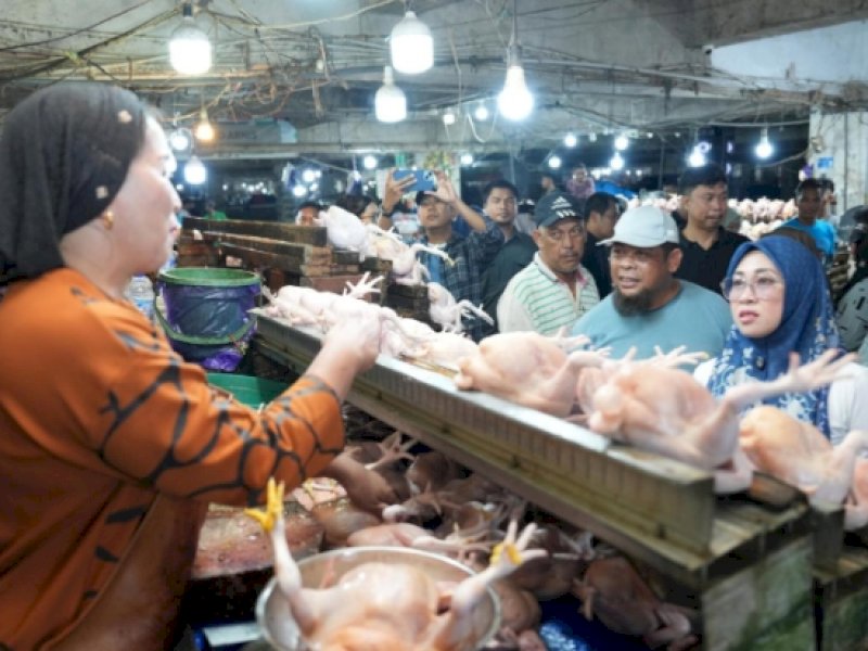 Bupati Gowa, Sitti Husniah Talenrang turun langsung meninjau harga bahan pokok jelang Hari Raya Idulfitri 1446 Hijriah di Pasar Minasamaupa, Sungguminasa, Sabtu (29/3/2025). @Jejakfakta/dok. Humas Pemkab Gowa