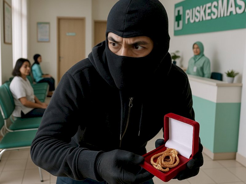 Ilustrasi. Penduri kalung emas milik seorang pasien di Puskesmas Manuju, Gowa. @Jejakfakta/dok. Foto AI