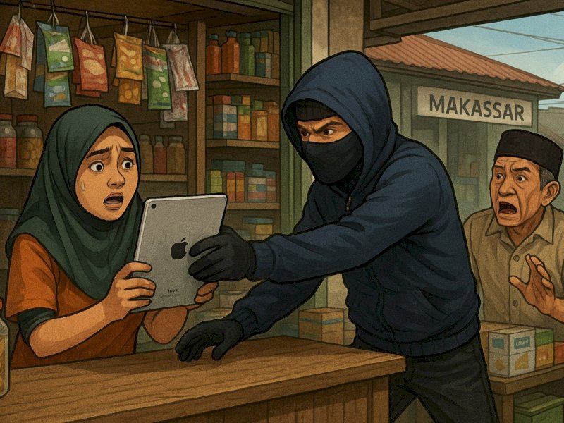 Ilustrasi.  Aksi perampasan Hp di warung kelontong viral di Jalan Regge, Kelurahan Rappojawa, Kecamatan Tallo, Kota Makassar. @Jejakfakta/dok. Foto AI