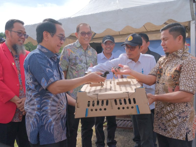Rektor Universitas Hasanuddin (Unhas), Prof. Dr. Ir. Jamaluddin Jompa, menyerahkan bantuan bibit ayam &ldquo;Ayam Allope&rdquo; kepada Pemerintah Kota Parepare, pada Rabu (14/5/2025). @Jejakfakta/dok. Humas Unhas