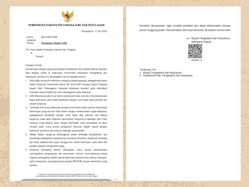 Surat Edaran bernomor B/212/BKPSDM yang diterbitkan pada 17 Juni 2026, ditandatangani oleh Sekretaris Daerah (Sekda) Pangkep, Hj. Suriani, atas nama Bupati Pangkep. @jejakfaktacom/Istimewa