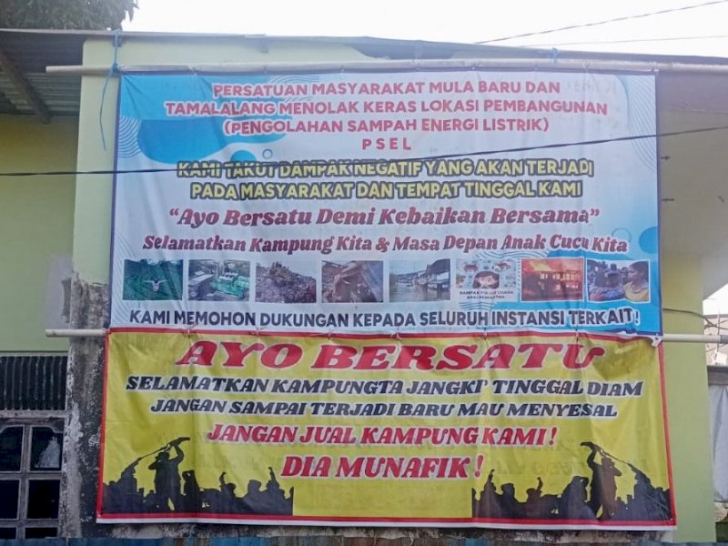 Spanduk warga dari Kampung Mula Baru dan Tamalalang, Kecamatan Tamalanrea, menolak rencana pembangunan insinerator Pembangkit Listrik Tenaga Sampah (PLTSa/PSEL) oleh PT Sarana Utama Energy (PT SUS). @Jejakfakta/Istimewa