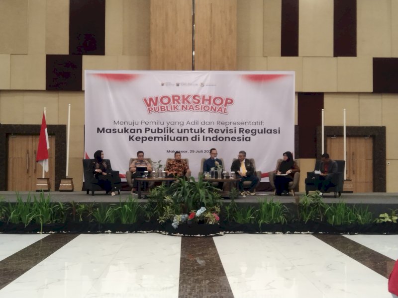 Workshop Publik Nasional bertajuk "Menuju Pemilu yang Adil dan Representatif: Masukan Publik untuk Revisi Regulasi Kepemiluan di Indonesia" di Hotel Unhas, Selasa (29/7/2025). @Jejakfakta/Samsir