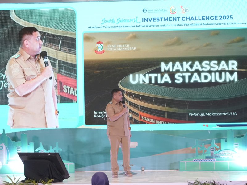 Wali Kota Makassar, Munafri Arifuddin, saat memaparkan proyek yang dinamakan Makassar Untia Stadium dalam forum Final South Sulawesi Investment Challenge (SSIC) di Hotel Novotel Grand Shayla, Senin (4/8/2025). @Jejakfakta/dok. Humas Pemkot Makassar
