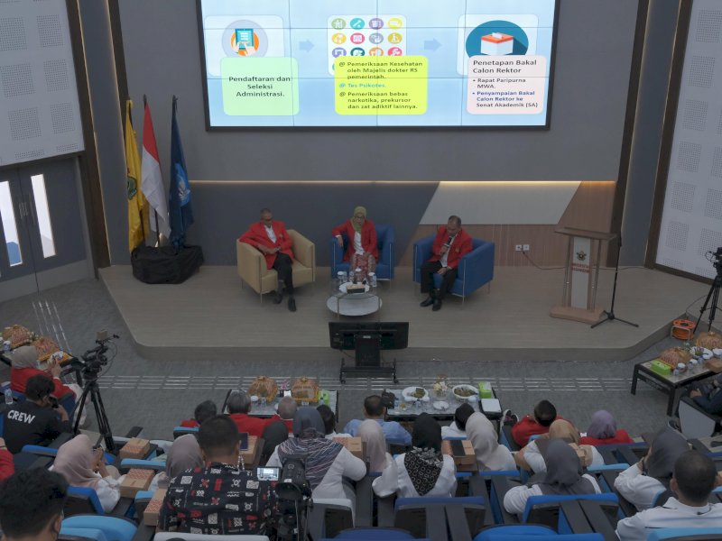 Majelis Wali Amanat (MWA) Universitas Hasanuddin (Unhas) secara resmi meluncurkan dan mensosialisasikan tahapan serta tata cara Pemilihan Rektor Unhas Periode 2026&ndash;2030 di Arsjad Rasjid Lecture Theater, Kampus Unhas Tamalanrea, Senin (4/8/2025). @Jejakfakta/dok. Istimewa