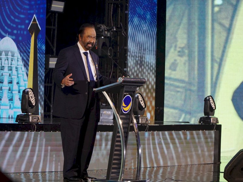 Ketua Umum DPP Partai NasDem, Surya Paloh resmi buka Rapat Kerja Nasional (Rakernas) I 2025 di Hotel Claro, Makassar, Sulawesi Selatan, Jumat (8/8/2025). @jejakfaktacom/JF.