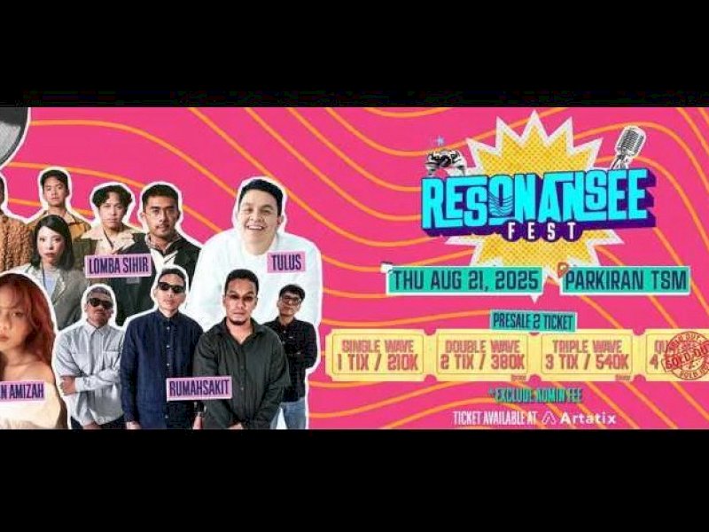 Tulus, Nadin Amizah, Rumahsakit, dan Lomba Sihir akan tampil di panggung utama Resonansee Fest x Bank Sulselbar, di Halaman Parkir Trans Studio Mall (TSM) Makassar, hari ini Kamis, 21 Agustus 2025. @Jejakfakta/Tangkapan Layar