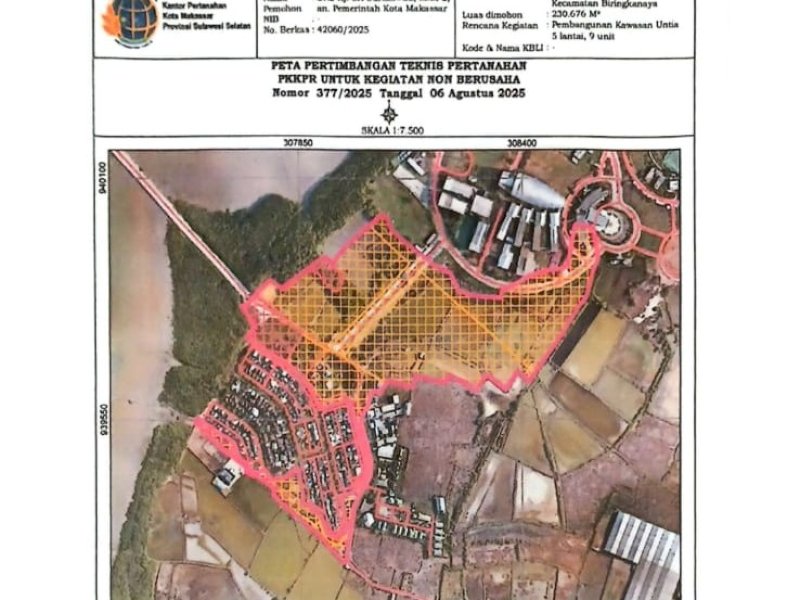 Risalah Pertimbangan Teknis Pertanahan Persetujuan Kesesuaian Kegiatan Pemanfaatan Ruang (PERTEK PKKPR) Nomor 377/2025 tertanggal 6 Agustus 2025 dari Badan Pertanahan Nasional/Agraria dan Tata Ruang (BPN/ATR). @Jejakfakta/dok. Humas Pemkot Makassar