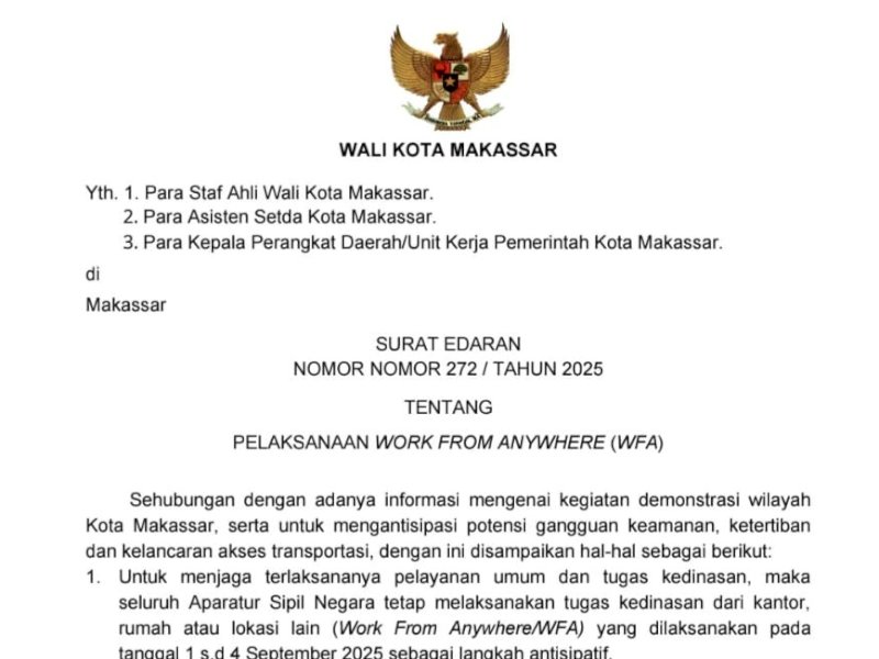 Surat Edaran Wali Kota Makassar Nomor 272 Tahun 2025 yang ditandatangani pada 31 Agustus 2025. @Jejakfakta/Tangkapan Layar