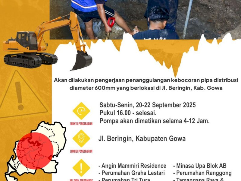 PDAM Kota Makassar akan melakukan perbaikan kebocoran pipa distribusi utama berdiameter 600 milimeter di Jl. Beringin, Kabupaten Gowa. @Jejakfakta/Istimewa