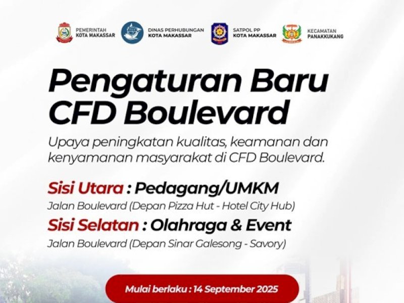  Pemerintah Kecamatan Panakkukang bersama Dinas Perhubungan (Dishub), Pemerintah Kota (Pemkot) Makassar, dan Satuan Polisi Pamong Praja (Satpol PP) akan memberlakukan zonasi baru di area Car Free Day (CFD) Jalan Boulevard. Aturan ini akan mulai berlaku efektif pada Minggu, 14 September 2025. @Sumber: Instagram @kec.panakkukang