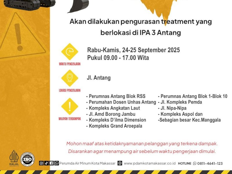 Perumda Air Minum Kota Makassar akan melakukan pengurasan pada Instalasi Pengolahan Air (IPA) 3 Antang mulai Rabu hingga Kamis, 24&ndash;25 September 2025. @Jejakfakta/dok. Istimewa