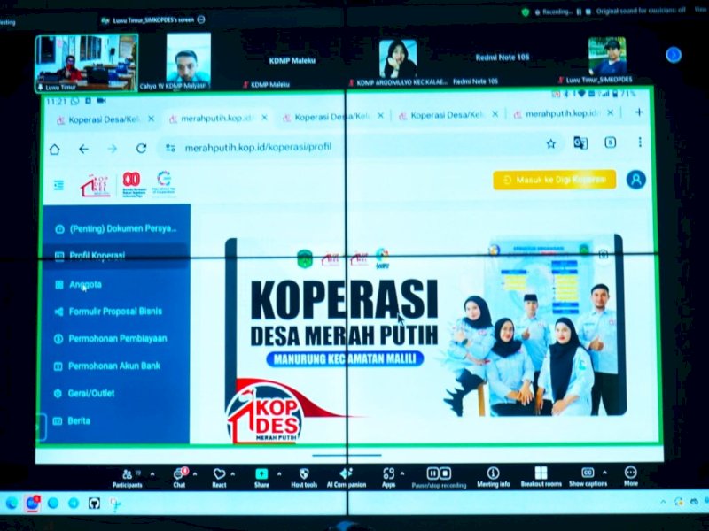 Disdagkop Kabupaten Luwu Timur menggelar pertemuan daring melalui Zoom untuk membahas teknis penggunaan Sistem Informasi Manajemen Koperasi Desa (SIMKOPDES), Senin (29/09/2025). @Jejakfakta/IKP-Humas Kominfo-SP)