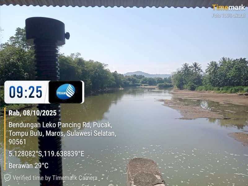 Debit air baku dari Bendungan Leko Paccing yang menjadi salah satu sumber utama Instalasi Pengolahan Air (IPA) II milik Perumda Air Minum Kota Makassar, mengalami penurunan drastis. @Jejakfakta/Istimewa