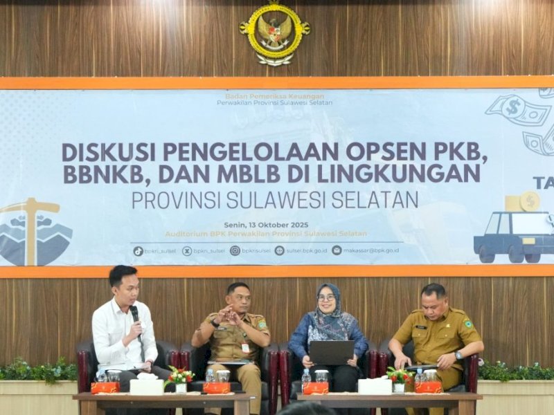 Diskusi yang digelar Badan Pemeriksa Keuangan (BPK) Perwakilan Provinsi Sulawesi Selatan, membahas strategi pengelolaan opsen pajak, di Auditorium BPK Sulsel, Senin (13/10/2025). @Jejakfakta/dok. Istimewa 