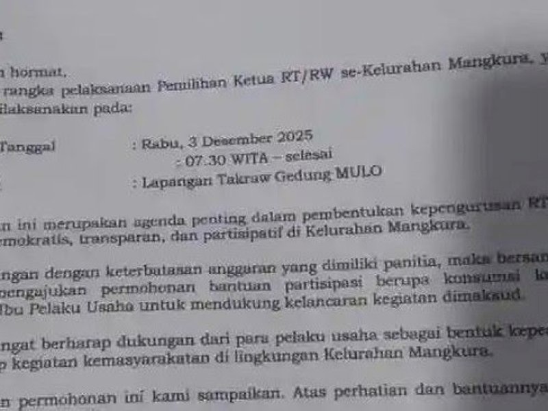 Surat permohonan bantuan konsumsi kepada seorang pelaku usaha untuk menyukseskan pemilihan ketua RT/RW di Kelurahan Mangkura, Kota Makassar. @jejakfaktacom/istimewa