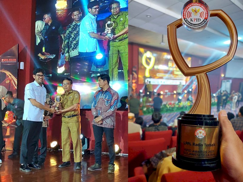 Kepala Bidang Humas dan IKP Diskominfo Pangkep, Edi Suharyadi menerima langsung penghargaan LPPL Radio Terbaik KPID Awards Sulsel 2025, di Ballroom Teater Menara Phinisi, Universitas Negeri Makassar (UNM), Senin, (15/12/2025). @jejakfaktacom/Humas Pemda Pangkep
