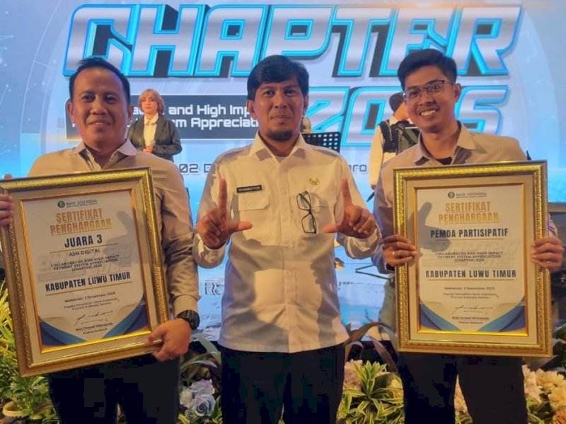 Pemerintah Kabupaten Luwu Timur berhasil membawa pulang dua penghargaan sekaligus dari Bank Indonesia dalam  ajang bergengsi Collaborative and High Impact Payment System Appreciation (CHAPTER) 2025 dan ASN Digital Award, di Sandeq Room, Hotel Claro Makassar, Selasa (2/12/2025). @Jejakfakta/dok. IKP-Humas/Kominfo-SP
