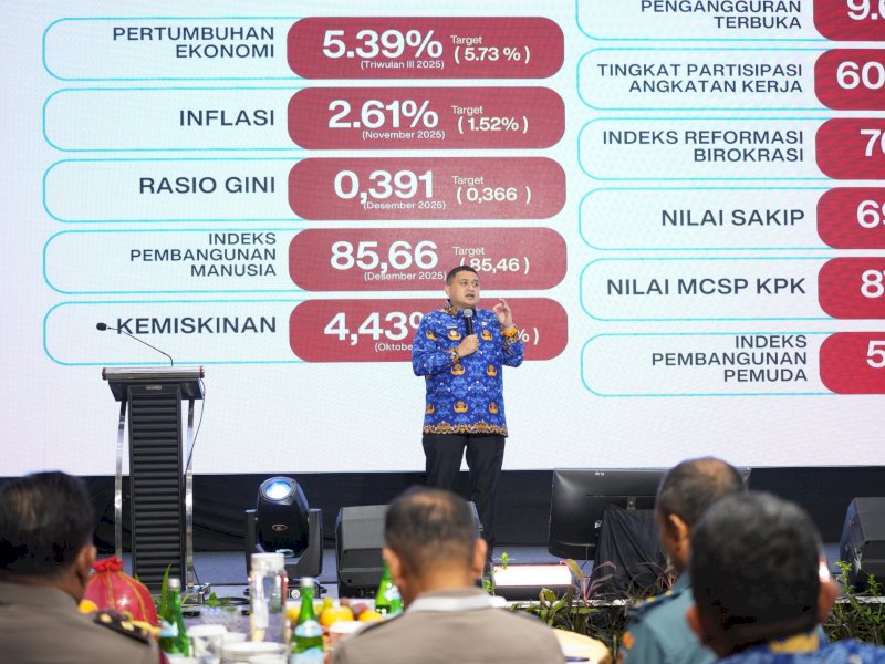 Wali Kota Makassar, Munafri Arifuddin, dalam Refleksi Akhir Tahun 2025 Pemerintahan Kota Makassar, yang menandai 11 bulan masa kepemimpinannya bersama Wakil Wali Kota Makassar, Aliyah Mustika Ilham, di Hotel Novotel, Rabu (17/12/2025). @Jejakfakta/dok. Humas Pemkot Makassar