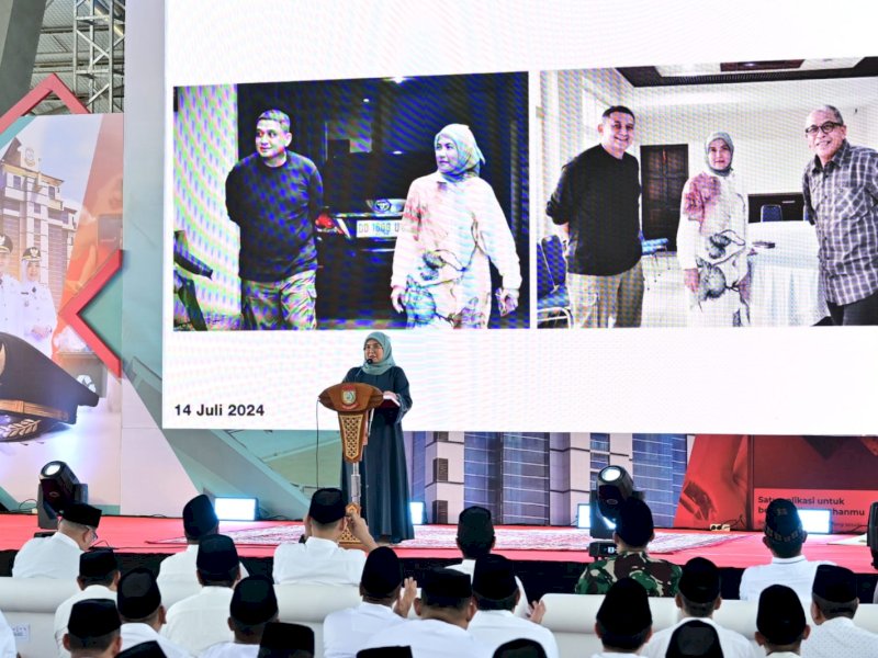 SETAHUN MULIA- Wakil Wali Kota Makassar, Aliyah Mustika Ilham merefleksi setahun perjalanannya memimpin Makassar bersama Wali Kota Makassar Munafri Arifuddin di Tribun Lapangan Karebosi Jl Jenderal Ahmad Yani, Jumat (20/2/2026). @Jejakfakta/Istimewa