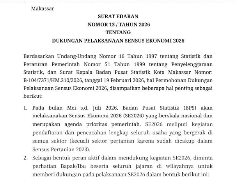 Surat Edaran (SE) Wali Kota Makassar Nomor 13 Tahun 2026 tentang Dukungan Pelaksanaan Sensus Ekonomi 2026 @Jejakfakta/dok. Istimewa