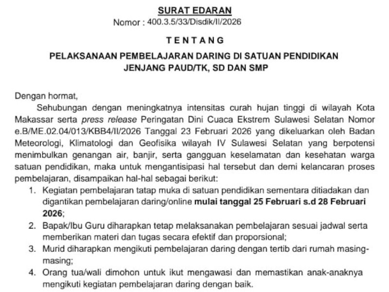 Surat edaran tentang pelaksanaan pembelajaran daring untuk jenjang PAUD/TK, SD, dan SMP selama empat hari, 25&ndash;28 Februari 2026. @Jejakfakta/Istimewa