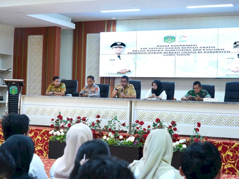 Pemerintah Kabupaten Luwu Timur menggelar Rapat Koordinasi Tim Satgas MBG dalam rangka Monitoring dan Evaluasi (Monev) di Aula Sasana Praja Kantor Bupati Luwu Timur, Selasa (10/3/2026). @Jejakfakta/dok. Humas Pemkab Lutim