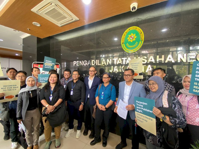 Koalisi Masyarakat Sipil saat mengajukan gugatan atas kesepakatan perjanjian dagang antara Indonesia dan Amerika Serikat atau Agreement on Reciprocal Trade (ART) di PTUN Jakarta, Rabu (11/3/2026). @Jejakfakta/dok. Istimewa