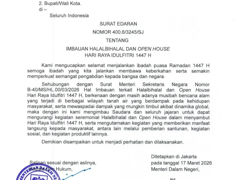 Surat Edaran Nomor 400.6/3245/SJ yang merujuk pada Surat Menteri Sekretaris Negara Nomor B-40/MS/HL.00/03/2026 tentang Halalbihalal dan Open House Idulfitri 1447 H. @Jejakfakta/dok. Istimewa