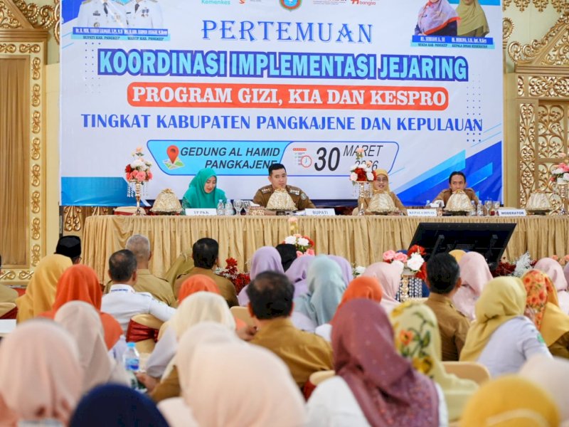 Pertemuan koordinasi pimpinan OPD, jajaran Dinas Kesehatan, instansi vertikal, Pengadilan Agama, serta Kementerian Agama bersama seluruh Kantor Urusan Agama (KUA), pada Senin (30/3/2026). @jejakfaktacom/Humas Pemda Pangkep