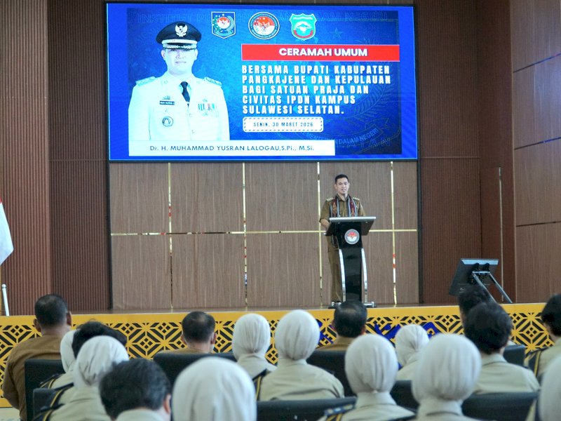 Ceramah umum Bupati Pangkep Muhammad Yusran Lalogau di IPDN Kampus Sulawesi Selatan, Gowa, Senin (30/3/2026). @jejakfaktacom/Humas Pemda Pangkep