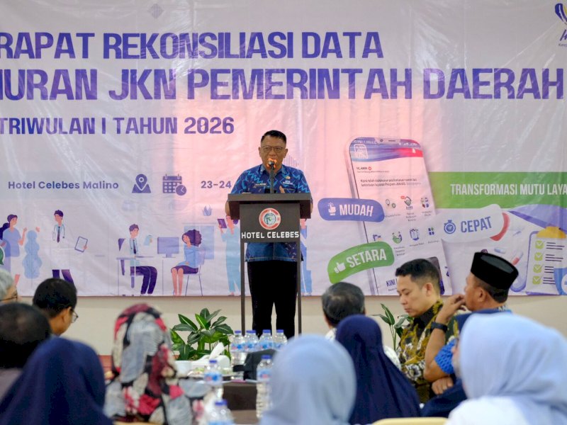 Sekretaris Daerah Kabupaten Gowa, Andy Azis Peter, saat memberikan sambutan pada  Rapat Rekonsiliasi Data Iuran JKN Pemerintah Daerah Triwulan I Tahun 2026 yang berlangsung di Hotel Celebes Malino, Kecamatan Tinggimoncong, Jumat (24/4/2026). @Jejakfakta/dok. Humas Pemkab Gowa