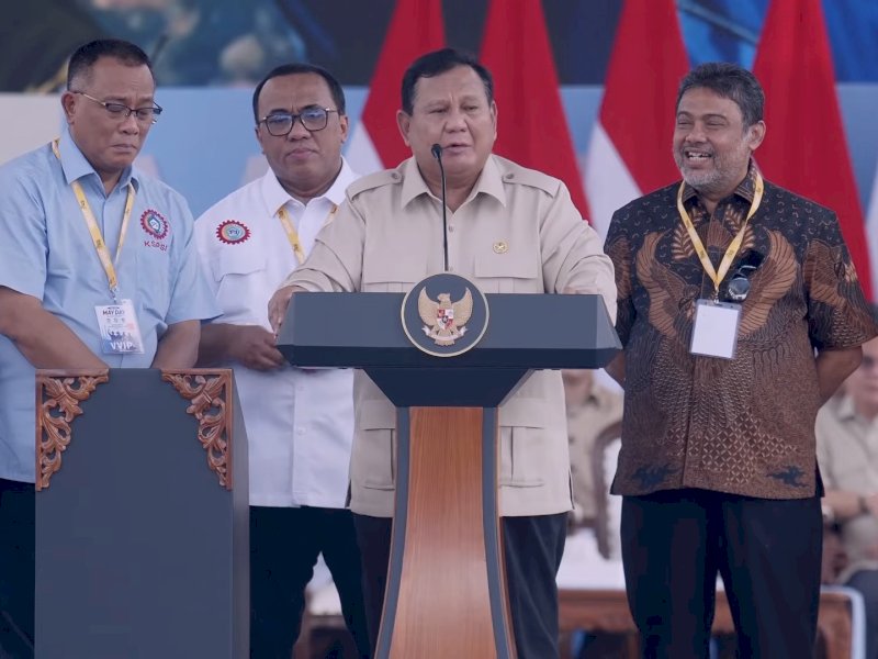 Pidato Presiden Prabowo saat memimpin Peringatan Hari Buruh Internasional di kawasan Lapangan Silang Monumen Nasional (Monas), Jakarta, Jumat (1/5/2026). @jejakfaktacom/Istimewa