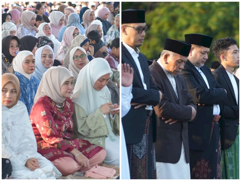 Wali Kota Makassar, Munafri Arifuddin, hadir bersama Ketua TP PKK Kota Makassar, Melinda Aksa, serta Wakil Wali Kota Makassar, Aliyah Mustika Ilham bersma Ilham Arief Sirajuddin membaur bersama masyarakat mengikuti rangkaian Salat Idul Adha di Lapangan Karebosi, Rabu pagi (27/5/2026). @Jejakfakta/dok. Humas Pemkot Makassar