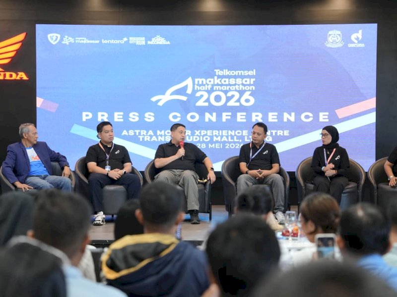 Wali Kota Makassar, Munafri Arifuddin, saat konferensi pers Makassar Half Marathon (MHM) 2026 di Trans Studio Mall Makassar, Kamis (28/5/2026). @Jejakfakta/dok. Humas Pemkot Makassar