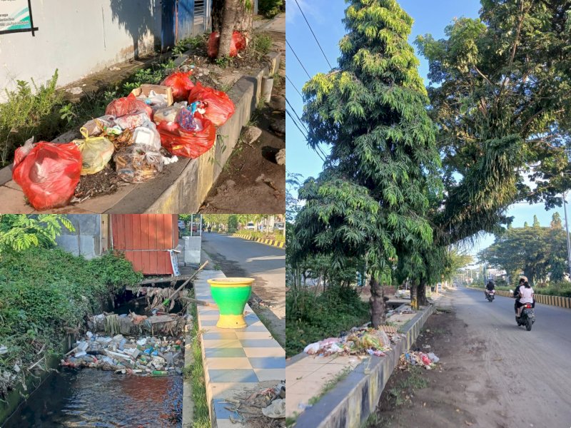 SAMPAH KOTA. Di sepanjang Jl.  Hos Cokroaminoto, Kabupaten Polewali Mandar, sampah plastik berserakan di atas trotoar. Sebagian lagi tersangkut di saluran drainase, Senin (15/6/2026). @Jejakfakta/Nurdin Amir 