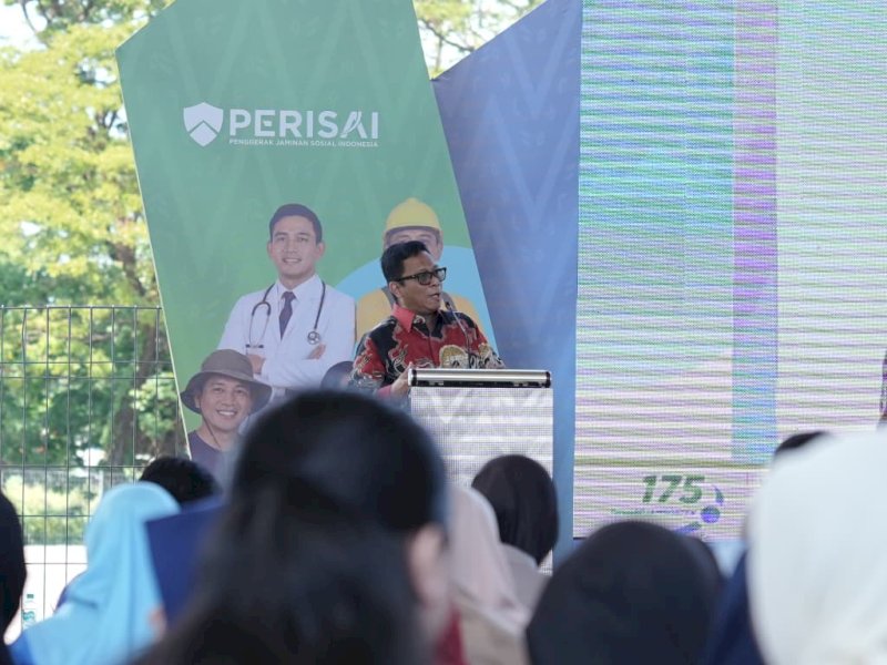 Direktur Utama BPJS Ketenagakerjaan, Saiful Hidayat, saat menghadiri peluncuran program Sistem Keagenan Penggerak Jaminan Sosial Indonesia (Perisai)  pada agenda Makassar Berbagi Jaminan Sosial di Lapangan Karebosi, Jumat (19/6/2026). @Jejakfakta/dok. Humas Pemkot Makassar