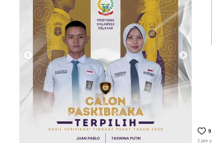 Juan Pablo dan Taswina Putri Lolos Paskibraka Nasional 2026, Wakili Sulsel di Tingkat Pusat