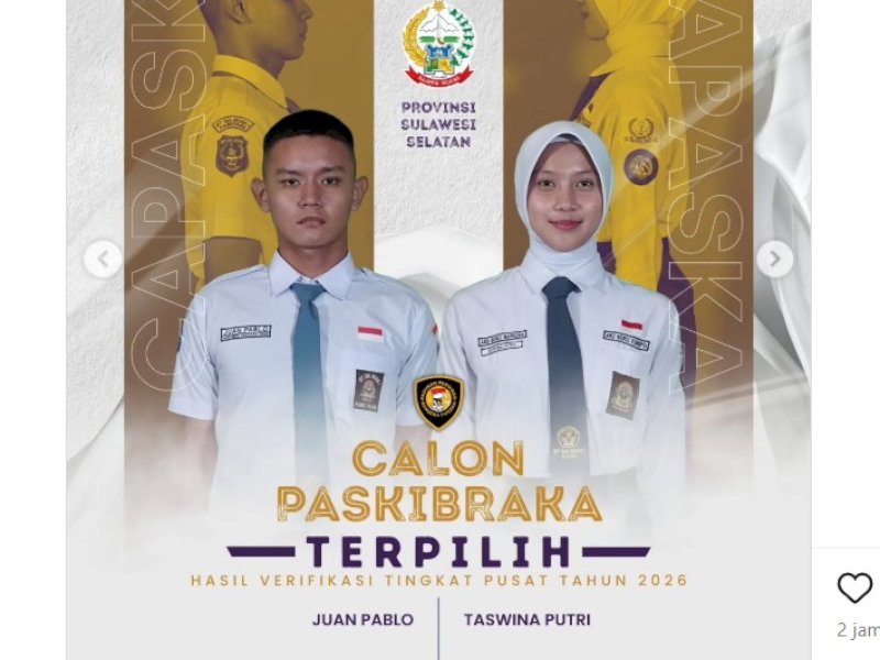 Juan Pablo dari SMA Negeri 1 Parepare dan Taswina Putri dari SMA Negeri 1 Bone, lolos seleksi Paskibraka nasional 2026 dan mewakili Sulsel di tingkat pusat. @Jejakjfakta/dok. IG BPIP