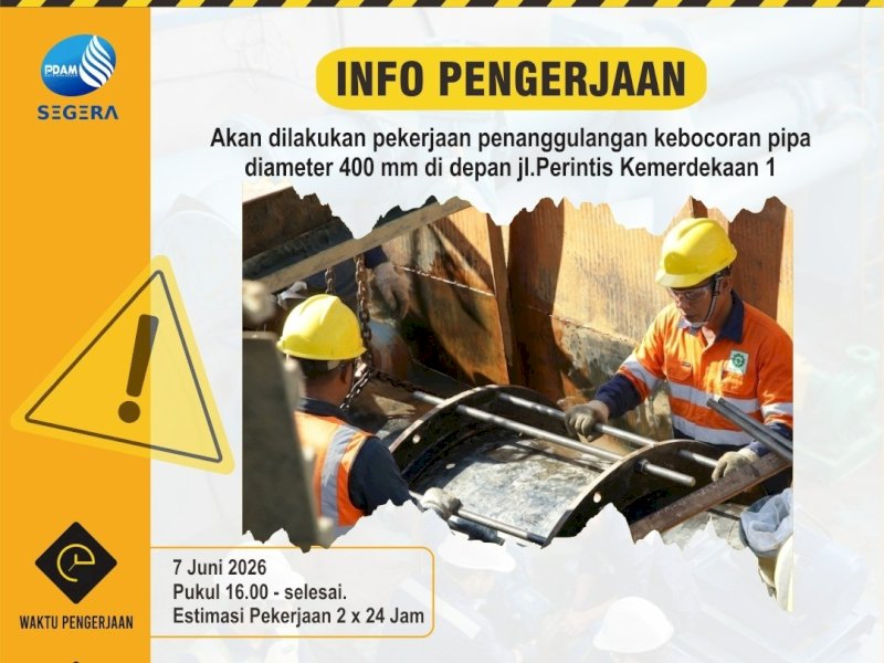  Perusahaan Daerah Air Minum (PDAM) Kota Makassar melakukan penanganan kebocoran pada pipa distribusi utama berdiameter 400 milimeter di depan Jalan Perintis Kemerdekaan I, Minggu (7/6/2026). @Jejakfakta/dok. Humas PDAM Makassar