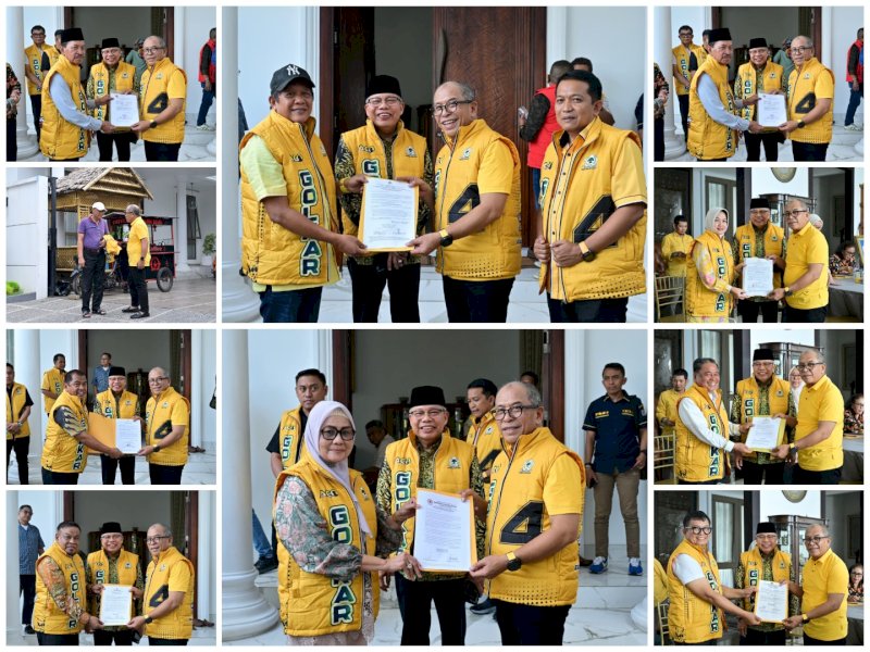 Ilham Arief Sirajuddin (IAS) menerima dukungan saat konsolidasi perdana usai menerima diskresi dari Ketua Umum Partai Golkar, di kediamannya, Jalan Batu Putih, Makassar, Ahad (28/6/2026). IAS mengklaim telah mengantongi dukungan 15 DPD II Golkar Sulsel jelang Musda. @Jejakfakta/Kolase Foto Reza Arifuddin