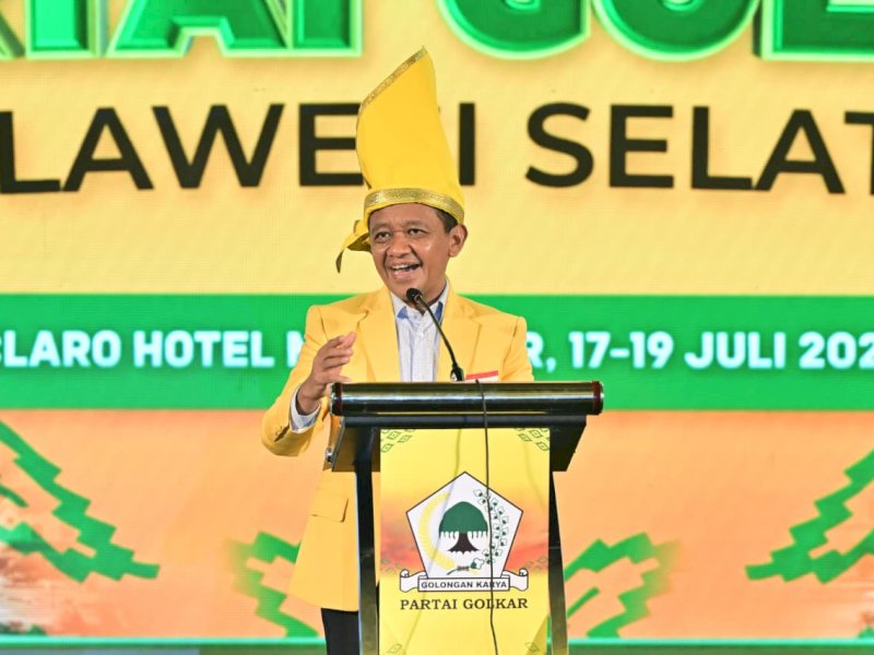 Ketua Umum Partai Golkar, Bahlil Lahadalia, saat membuka secara resmi Musda XI Partai Golkar Sulsel di Hotel Claro Makassar, Sabtu (18/7/2026). @Jejakfakta/Reza Arifuddin