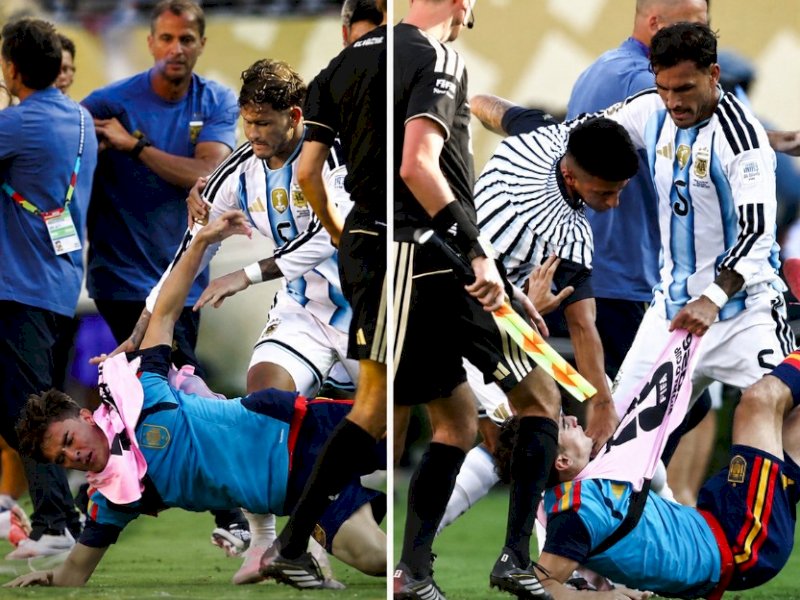 Kekalahan Argentina di final Piala Dunia 2026 melawan Spanyol berujung pada kericuhan di lapangan setelah pertandingan, dengan Leandro Paredes menjadi biang kerok insiden tersebut. (X/Brfootball)