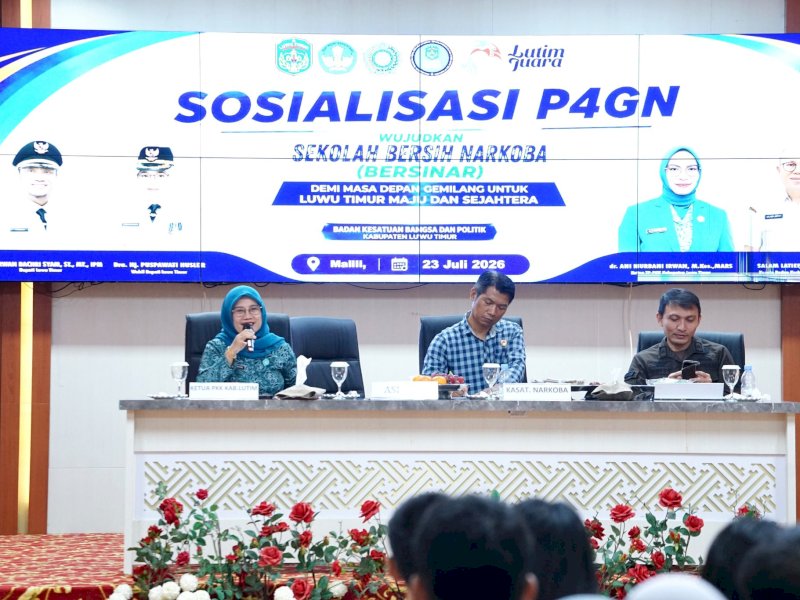 Sosialisasi Pencegahan dan Pemberantasan Penyalahgunaan serta Peredaran Gelap Narkotika (P4GN) melalui program Sekolah Bersih Narkoba (BERSINAR), di Aula Sasana Praja, Kantor Bupati Luwu Timur, Malili, Kamis (23/7/2026). @Jejakfakta/dok. Humas Pemkab Lutim