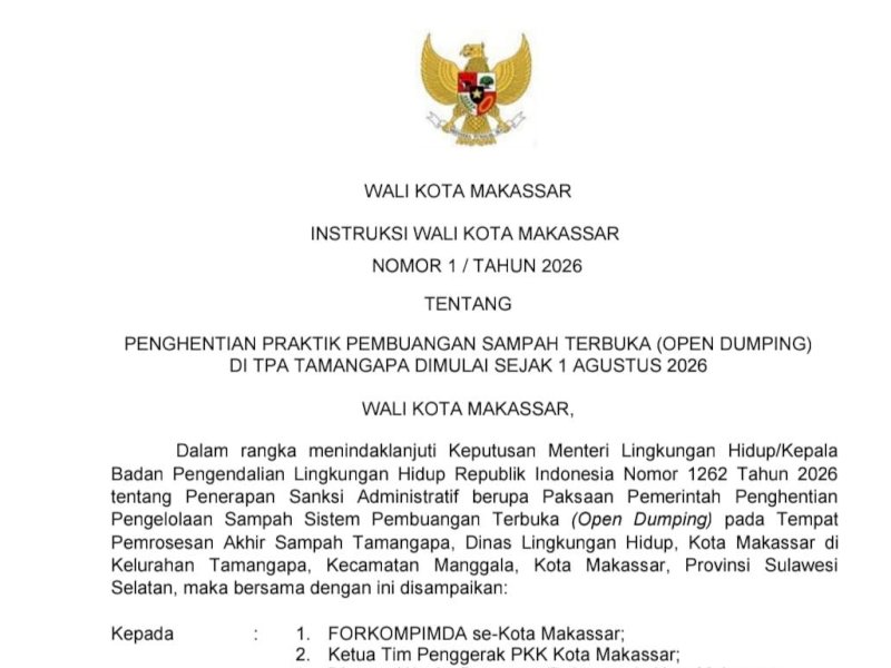 Pemkot Makassar menerbitkan Instruksi Wali Kota Makassar Nomor 3 Tahun 2026 tentang Gerakan Pemilahan dan Pengolahan Sampah dari Sumber. @Jejakfakta/dok. Ist.