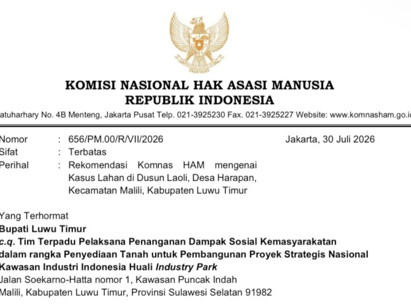 Surat rekomendasi KOMNAS HAM terkait Komnas HAM terkait penyelesaian konflik lahan Laoli di Luwu Timur.  @Jejakfakta/Istimewa