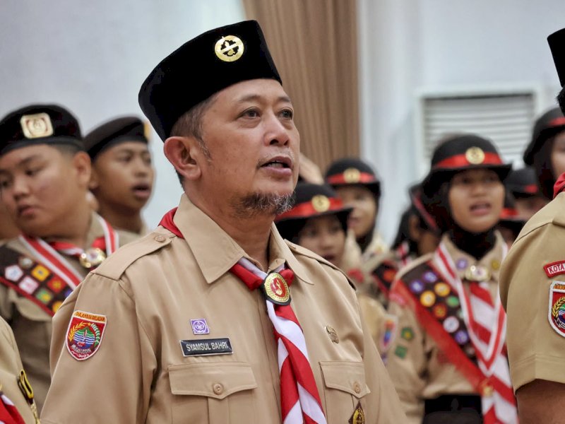 Kepala Dinas Pemuda dan Olahraga (Dispora) Kota Makassar, Syamsul Bahri, menghadiri sekaligus memberikan dukungan kepada peserta Kontingen Cabang Gerakan Pramuka Kota Makassar yang akan mengikuti Jambore Nasional XII, Rabu (5/8/2026). @Jejakfakta/dok. Humas Dispora Makassar