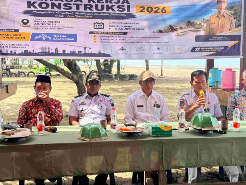 Pemkab Luwu Timur melalui Dinas Pekerjaan Umum dan Penataan Ruang (PUPR) bekerja sama dengan Balai Jasa Konstruksi Wilayah VI (BJKW VI) Makassar. Pembekalan teknis dan uji sertifikasi Tenaga Kerja Konstruksi (TKK) digelar selama dua hari, 5-6 Agustus 2026, di Wisata Pantai Ujung Suso, Kecamatan Burau. @Jejakfakta/dok.  Ist.