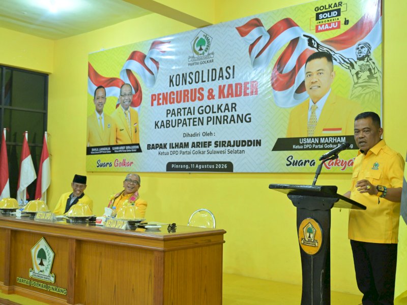 Ketua DPD Partai Golkar Kabupaten Pinrang, Usman Marham, saat menerima kunjungan Ketua DPD Partai Golkar Sulawesi Selatan, Ilham Arief Sirajuddin (IAS), dalam agenda roadshow konsolidasi di Pinrang, Selasa (11/8/2026). @Jejakfakta/dok. IST.